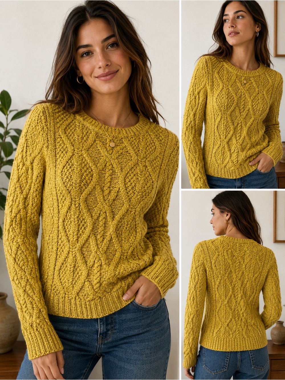 Banana Republic XS Mustard Yellow Cable Knit Sweater Chunky Textured Preppy